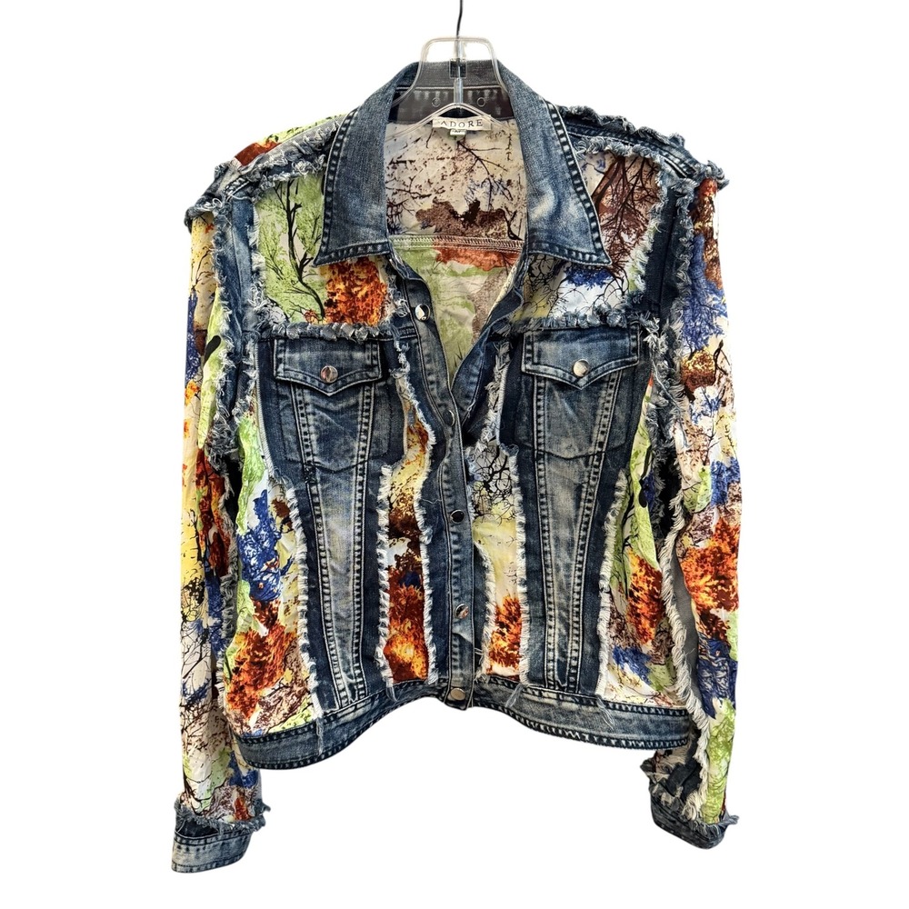 Adore Denim Jacket Mixed Media Blue Multicolor Frayed Nature Art Statement M
